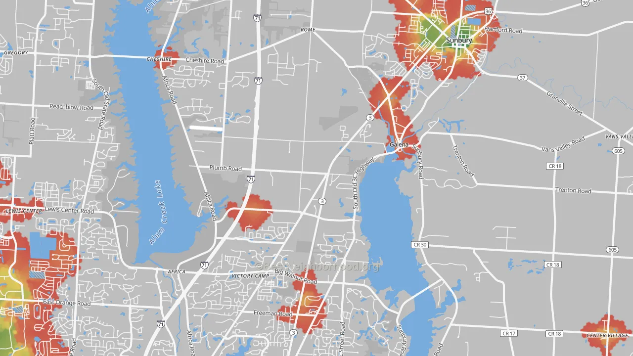 Walk Grade map of 43021, OH, walkable areas in green and car-dependent areas in red