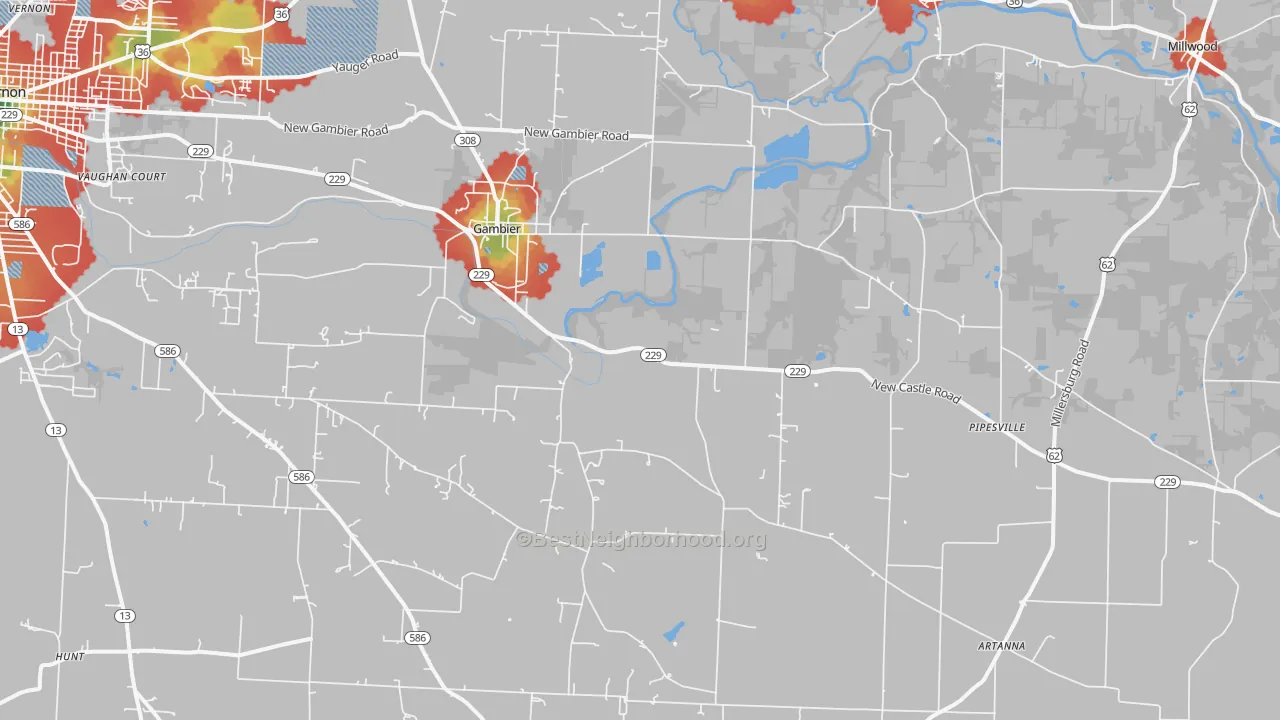 Walk Grade map of 43022, OH, walkable areas in green and car-dependent areas in red