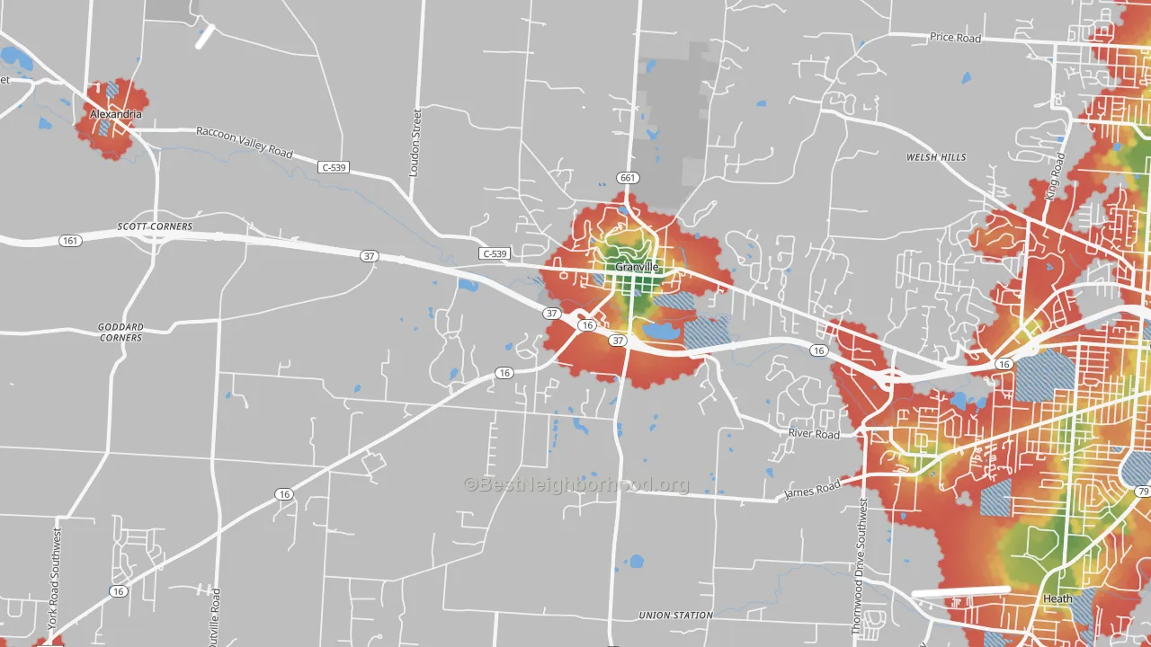 Walk Grade map of 43023, OH, walkable areas in green and car-dependent areas in red