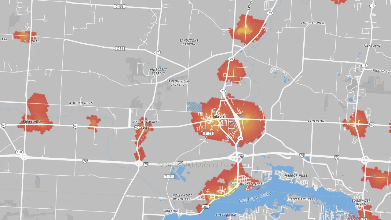 Walk Grade map of 43025, OH, walkable areas in green and car-dependent areas in red