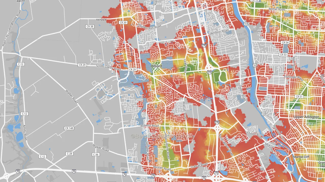 Walk Grade map of 43026, OH, walkable areas in green and car-dependent areas in red