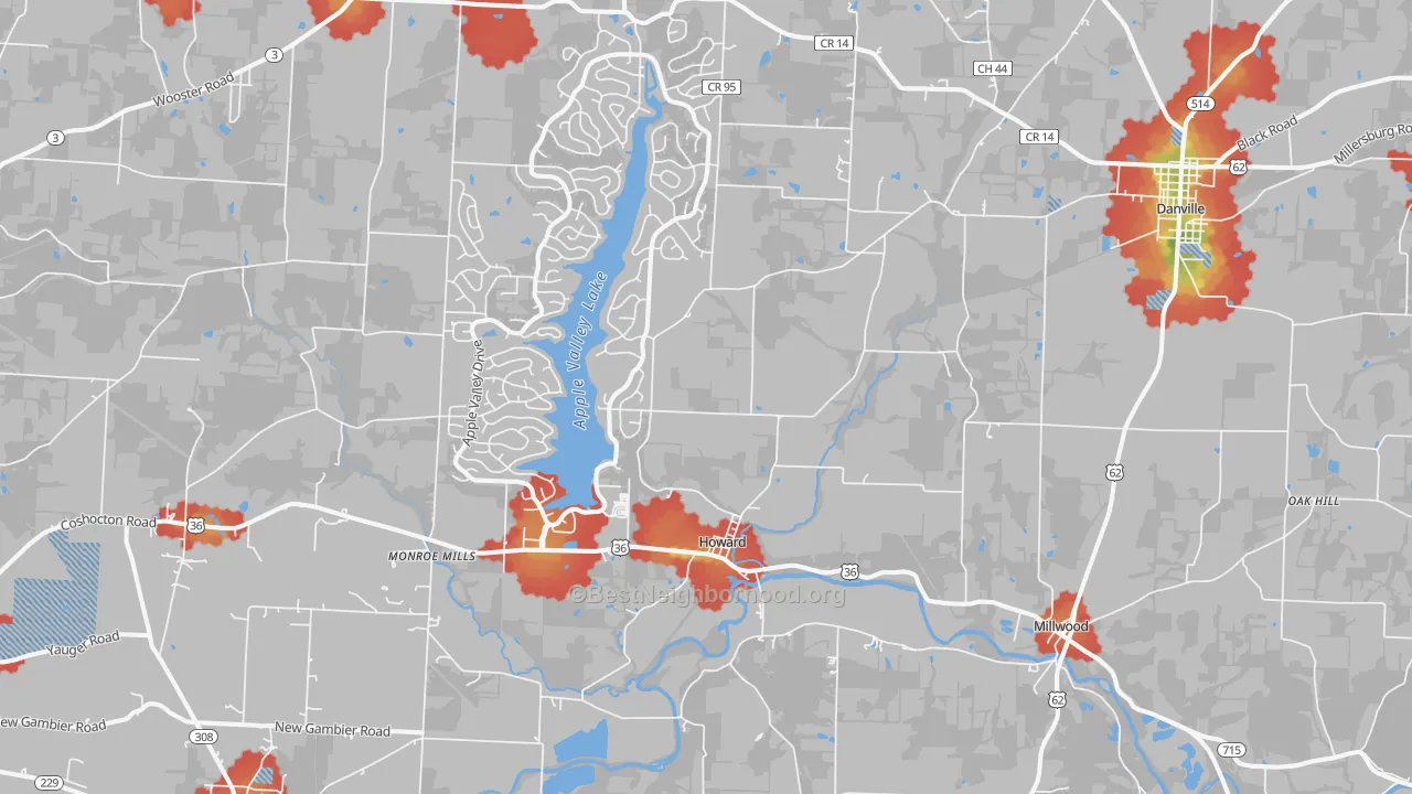 Walk Grade map of 43028, OH, walkable areas in green and car-dependent areas in red