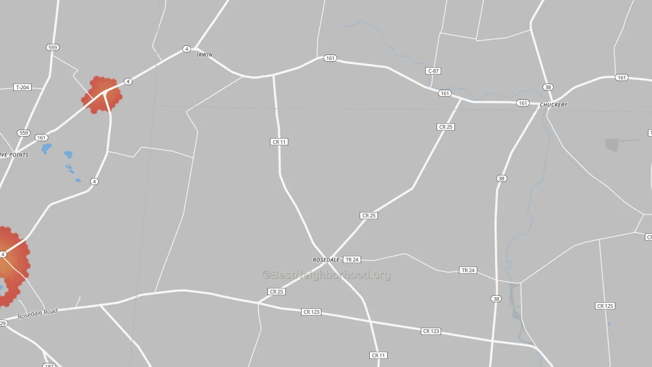 Walk Grade map of 43029, OH, walkable areas in green and car-dependent areas in red