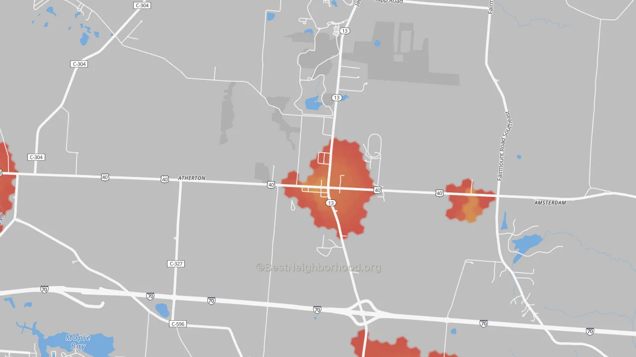 Walk Grade map of 43030, OH, walkable areas in green and car-dependent areas in red