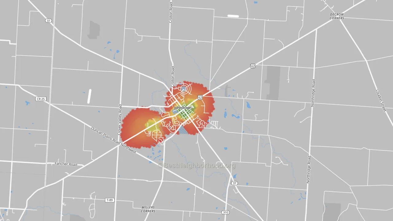Walk Grade map of 43031, OH, walkable areas in green and car-dependent areas in red