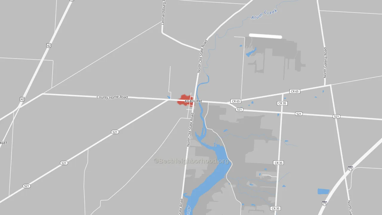 Walk Grade map of 43032, OH, walkable areas in green and car-dependent areas in red