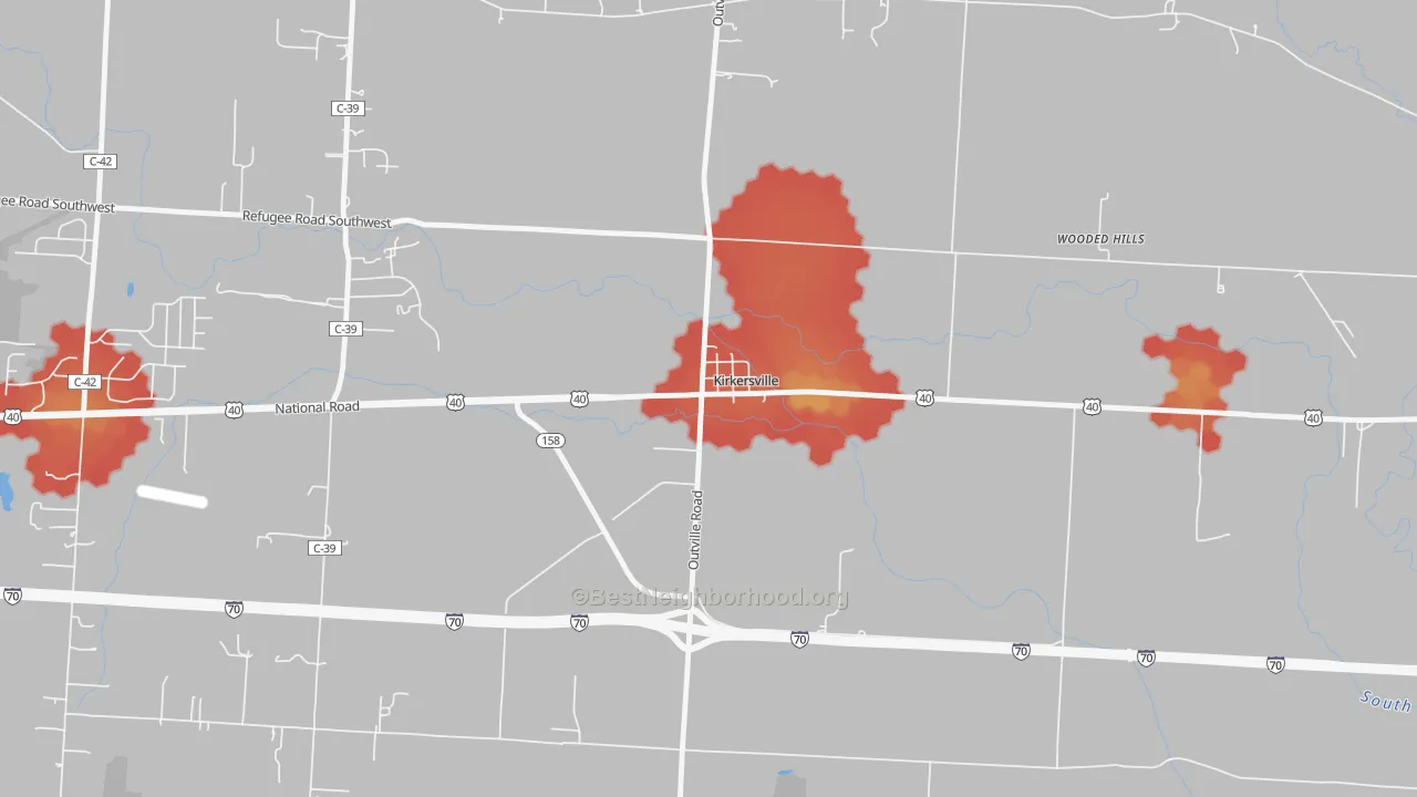 Walk Grade map of 43033, OH, walkable areas in green and car-dependent areas in red