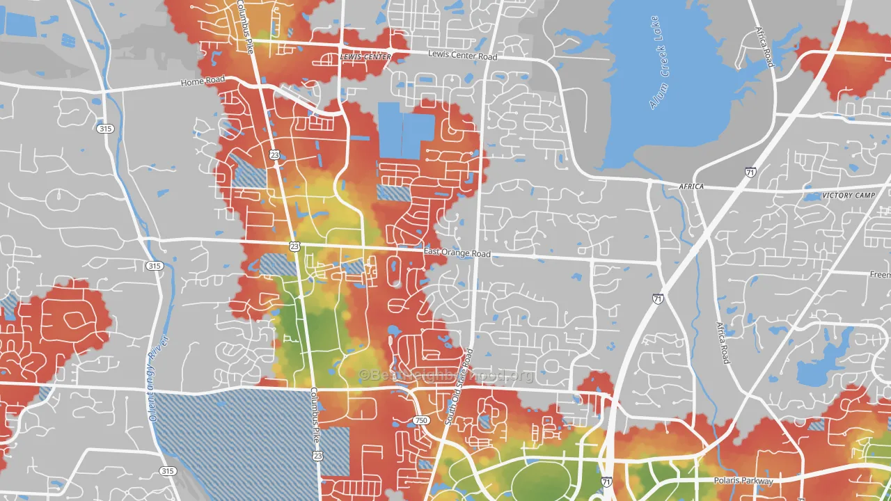 Walk Grade map of 43035, OH, walkable areas in green and car-dependent areas in red