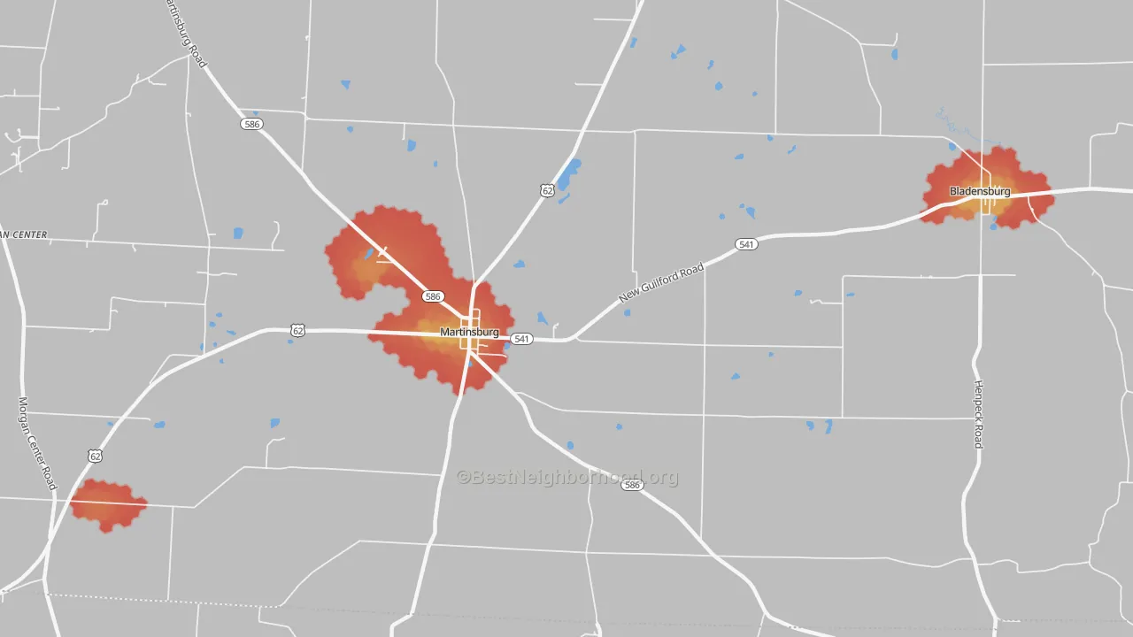 Walk Grade map of 43037, OH, walkable areas in green and car-dependent areas in red