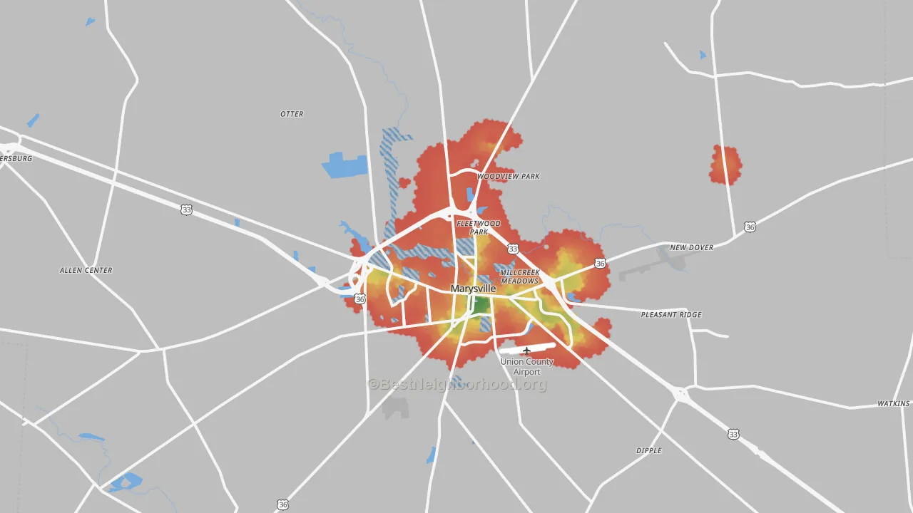 Walk Grade map of 43040, OH, walkable areas in green and car-dependent areas in red