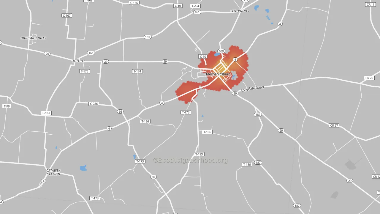 Walk Grade map of 43044, OH, walkable areas in green and car-dependent areas in red