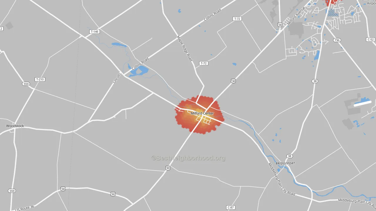 Walk Grade map of 43045, OH, walkable areas in green and car-dependent areas in red
