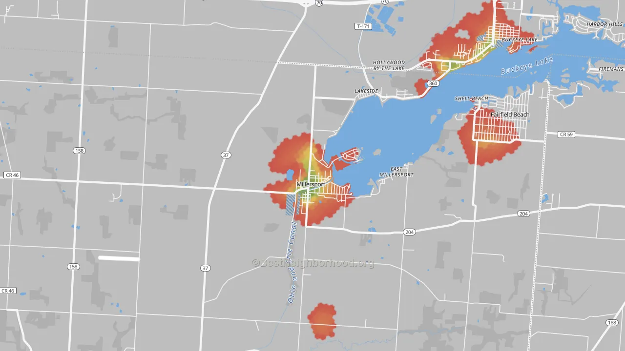 Walk Grade map of 43046, OH, walkable areas in green and car-dependent areas in red
