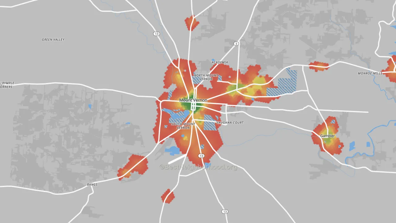 Walk Grade map of 43050, OH, walkable areas in green and car-dependent areas in red