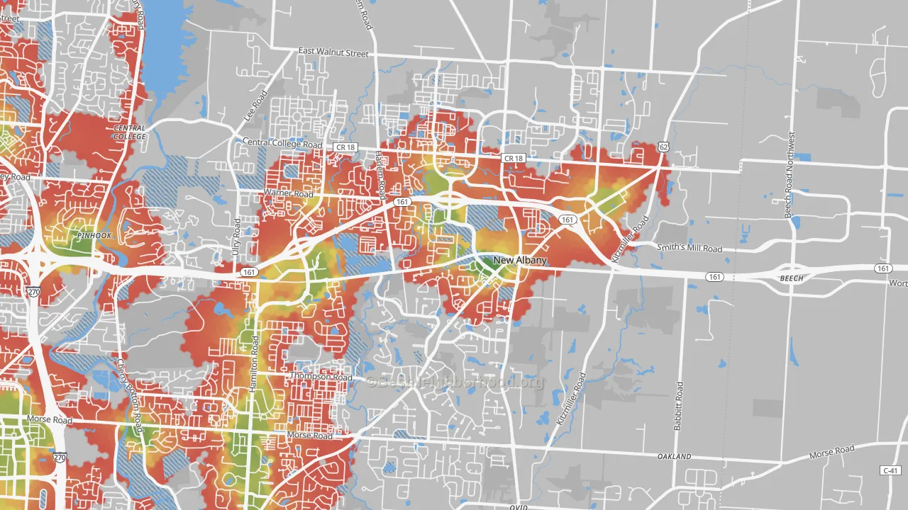 Walk Grade map of 43054, OH, walkable areas in green and car-dependent areas in red