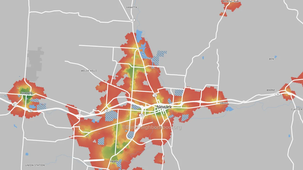 Walk Grade map of 43055, OH, walkable areas in green and car-dependent areas in red
