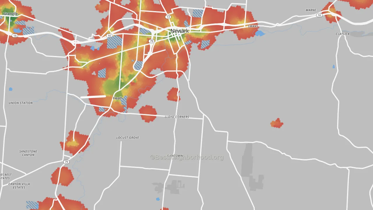 Walk Grade map of 43056, OH, walkable areas in green and car-dependent areas in red