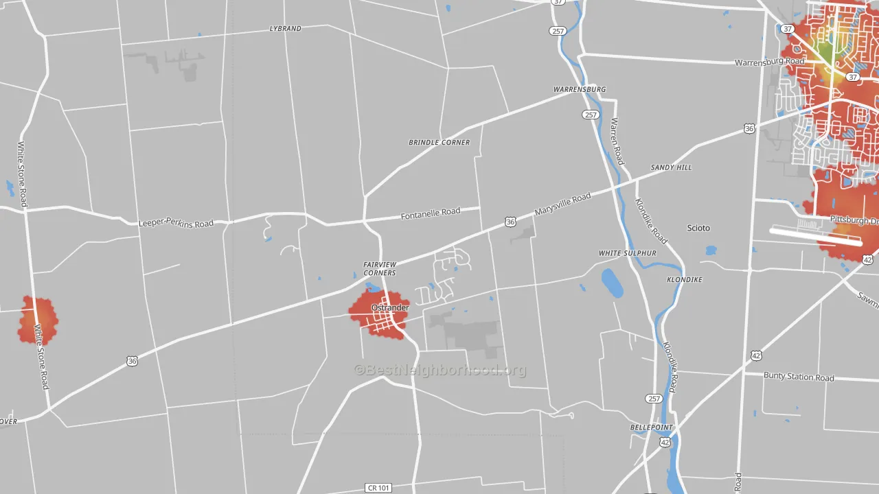 Walk Grade map of 43061, OH, walkable areas in green and car-dependent areas in red