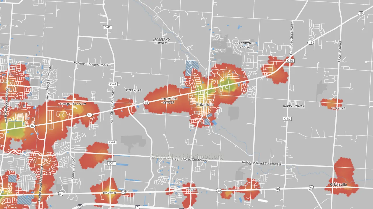 Walk Grade map of 43062, OH, walkable areas in green and car-dependent areas in red