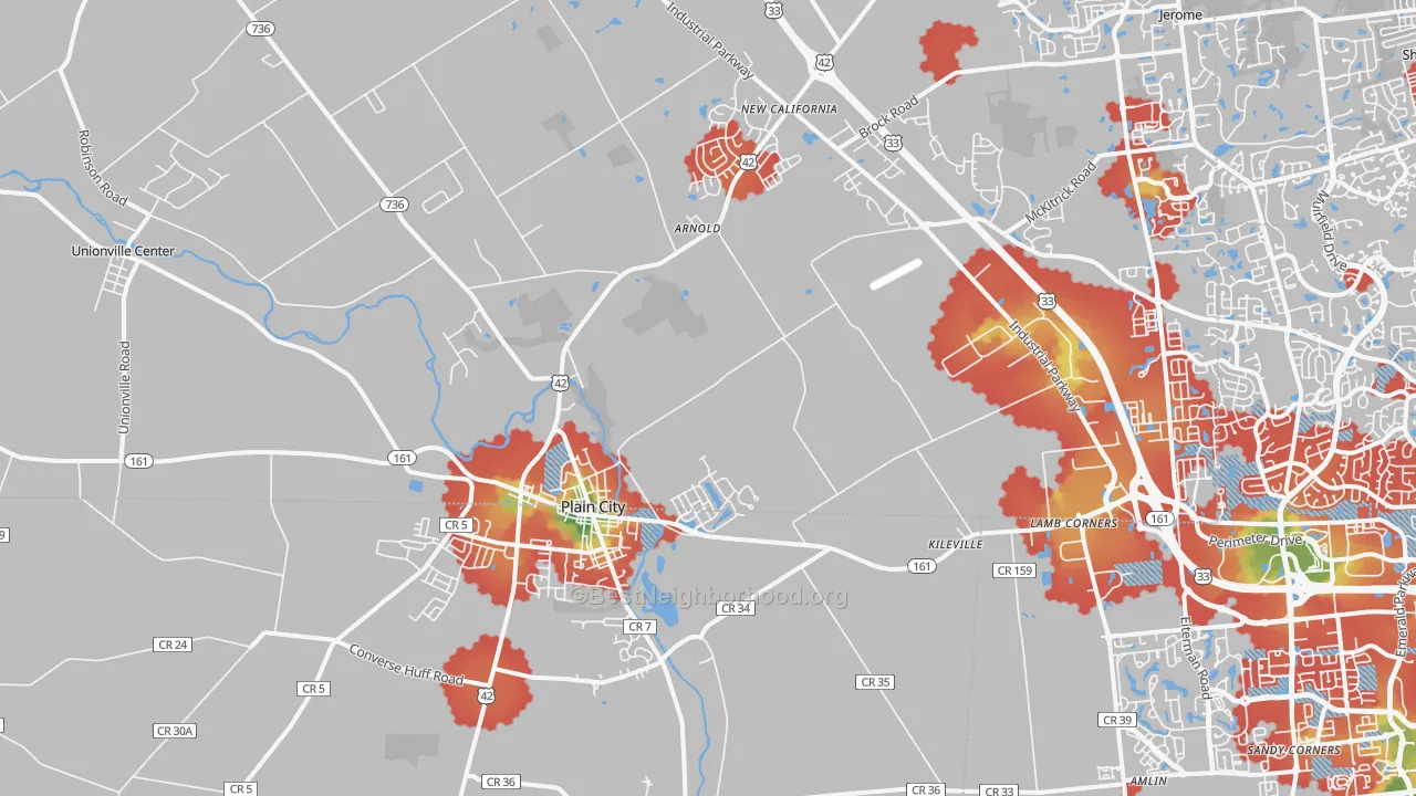 Walk Grade map of 43064, OH, walkable areas in green and car-dependent areas in red