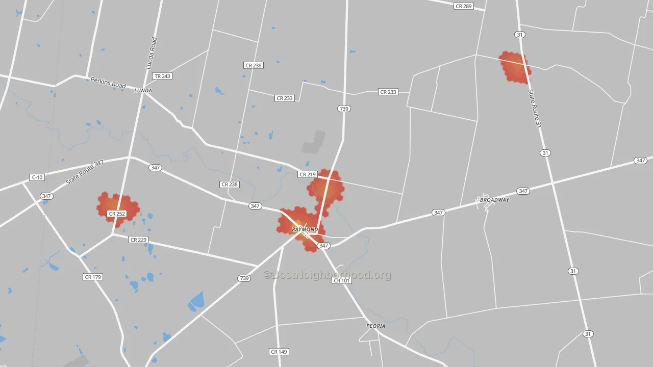 Walk Grade map of 43067, OH, walkable areas in green and car-dependent areas in red