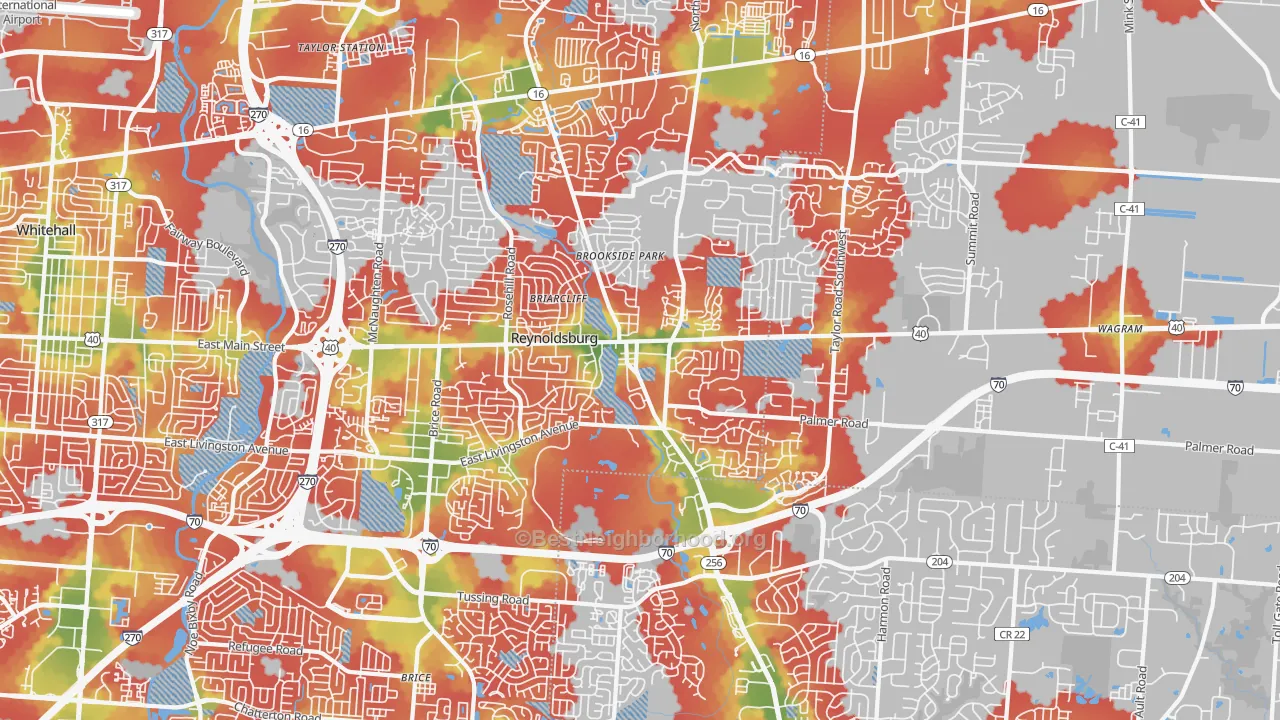 Walk Grade map of 43068, OH, walkable areas in green and car-dependent areas in red
