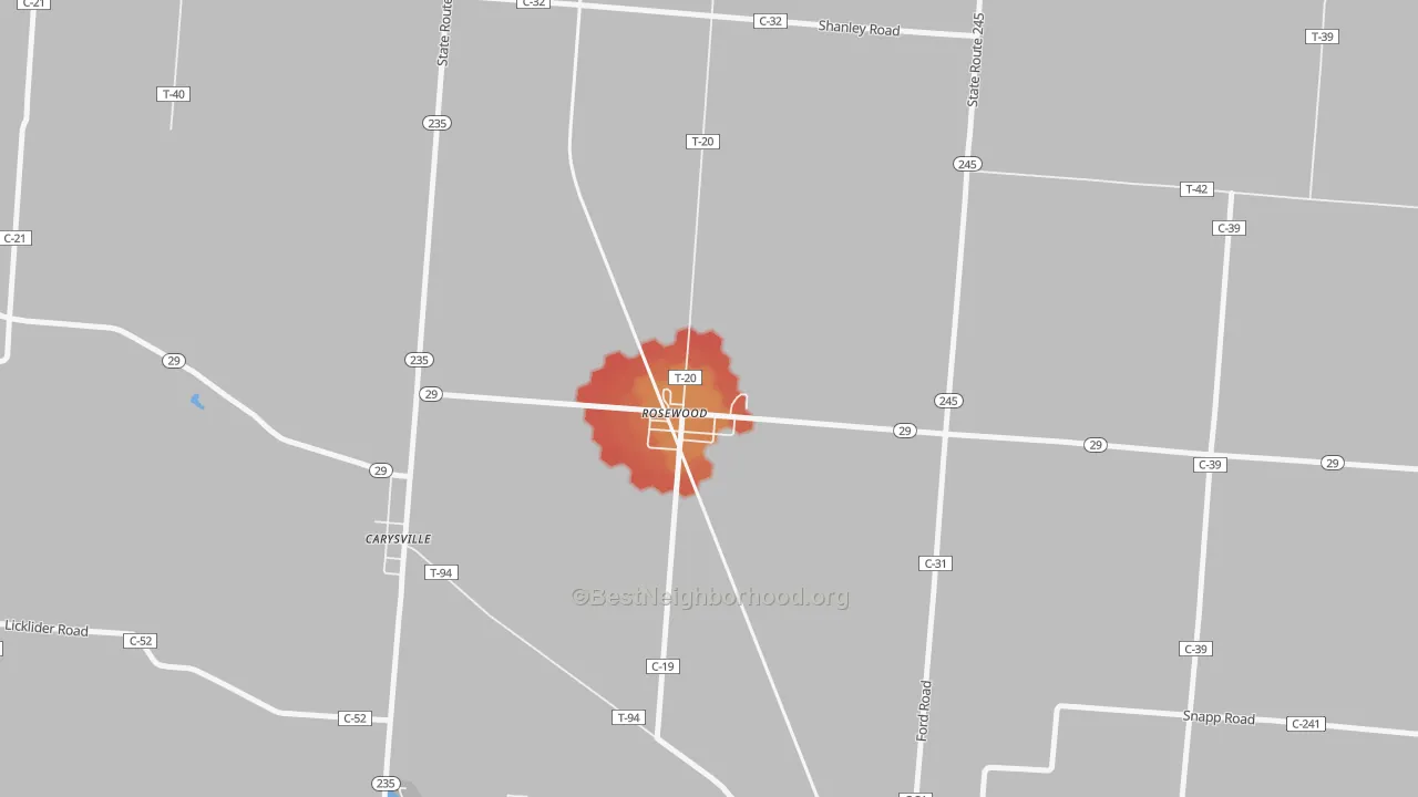 Walk Grade map of 43070, OH, walkable areas in green and car-dependent areas in red