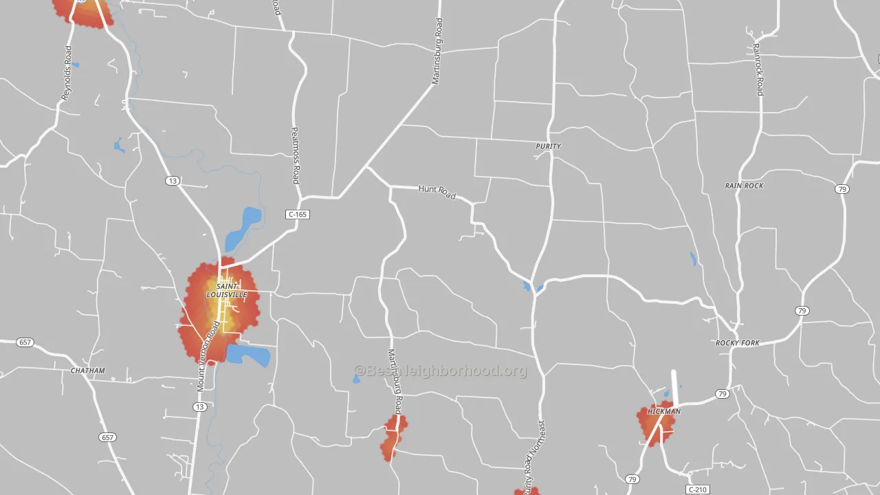 Walk Grade map of 43071, OH, walkable areas in green and car-dependent areas in red