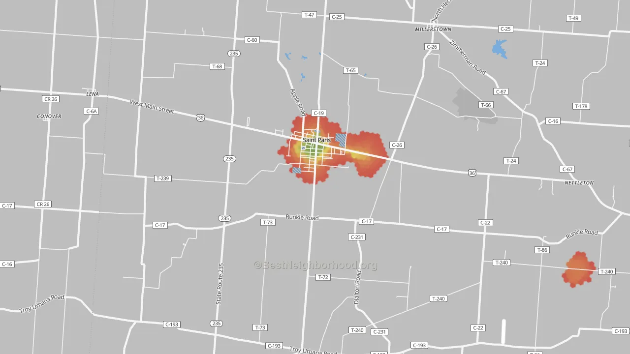 Walk Grade map of 43072, OH, walkable areas in green and car-dependent areas in red