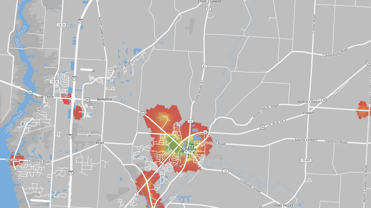 Walk Grade map of 43074, OH, walkable areas in green and car-dependent areas in red