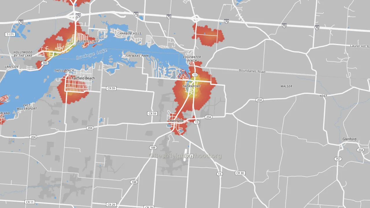 Walk Grade map of 43076, OH, walkable areas in green and car-dependent areas in red