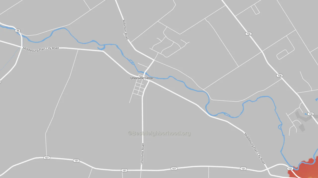 Walk Grade map of 43077, OH, walkable areas in green and car-dependent areas in red