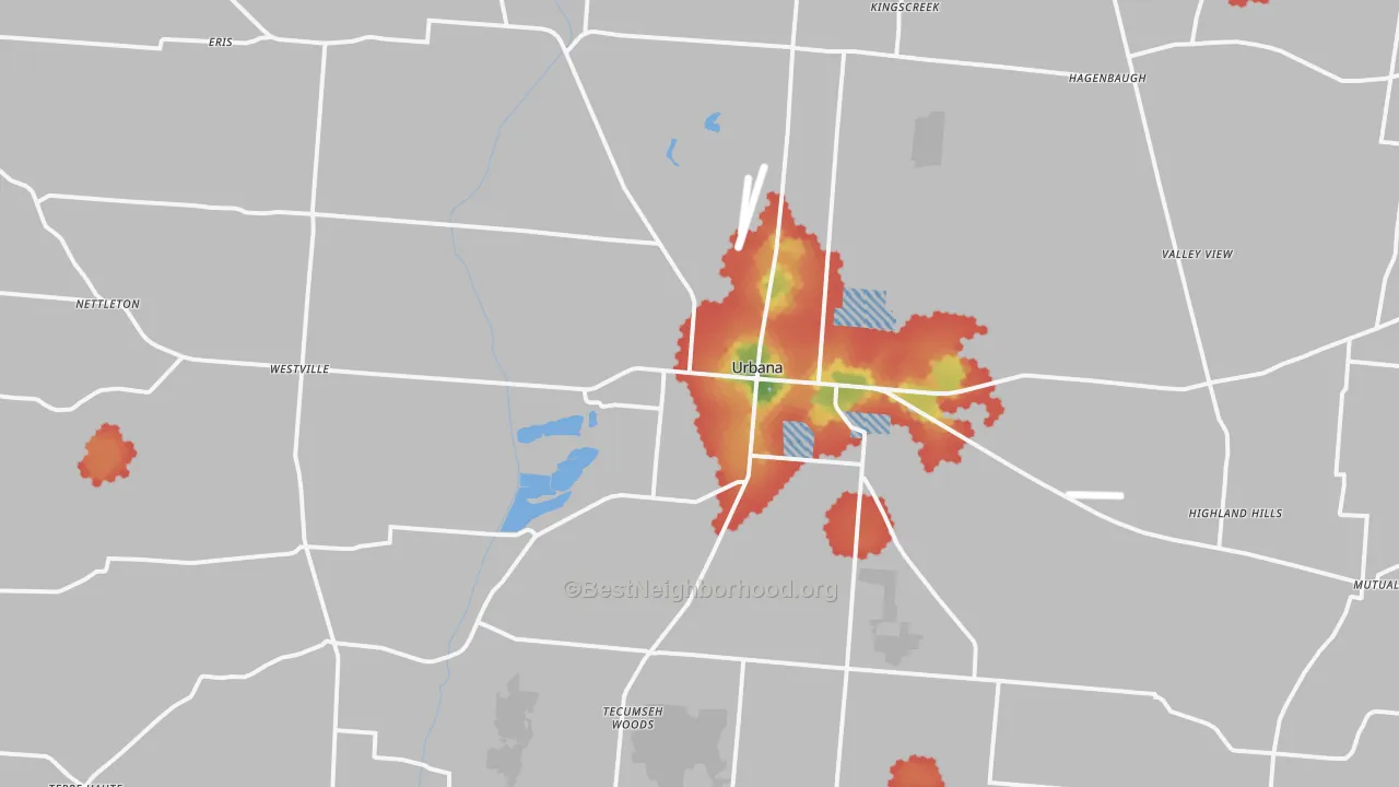 Walk Grade map of 43078, OH, walkable areas in green and car-dependent areas in red