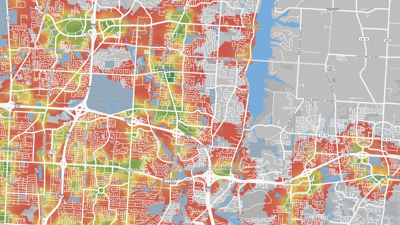 Walk Grade map of 43081, OH, walkable areas in green and car-dependent areas in red