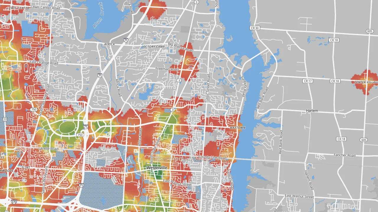 Walk Grade map of 43082, OH, walkable areas in green and car-dependent areas in red