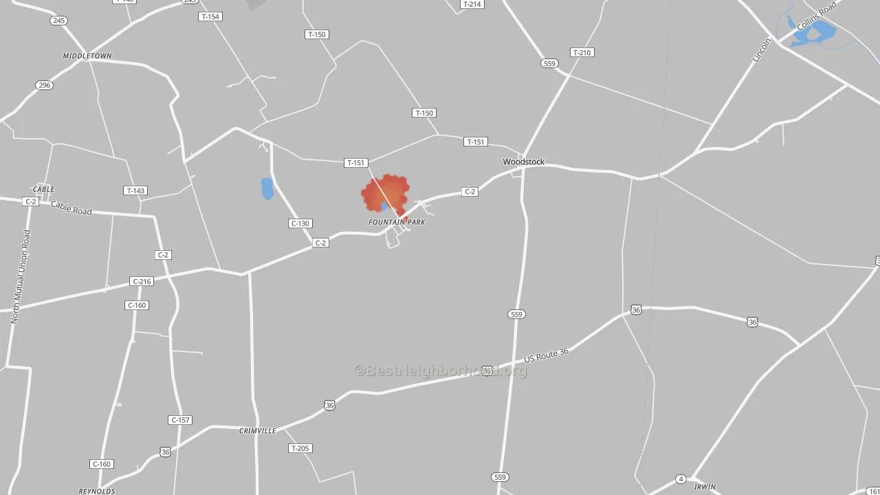 Walk Grade map of 43084, OH, walkable areas in green and car-dependent areas in red