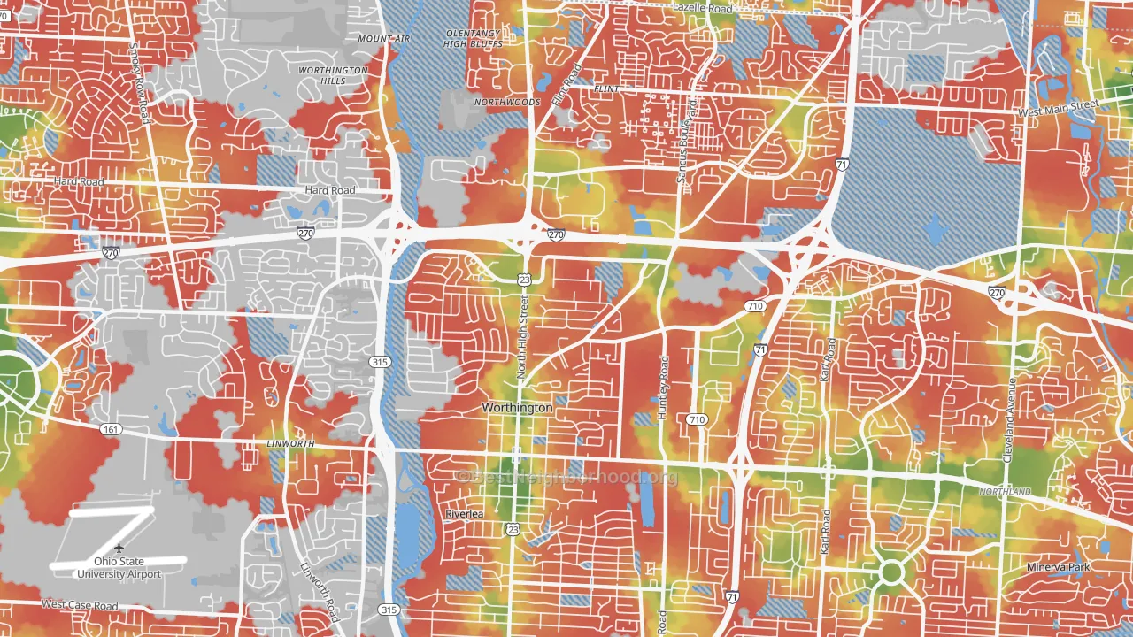 Walk Grade map of 43085, OH, walkable areas in green and car-dependent areas in red