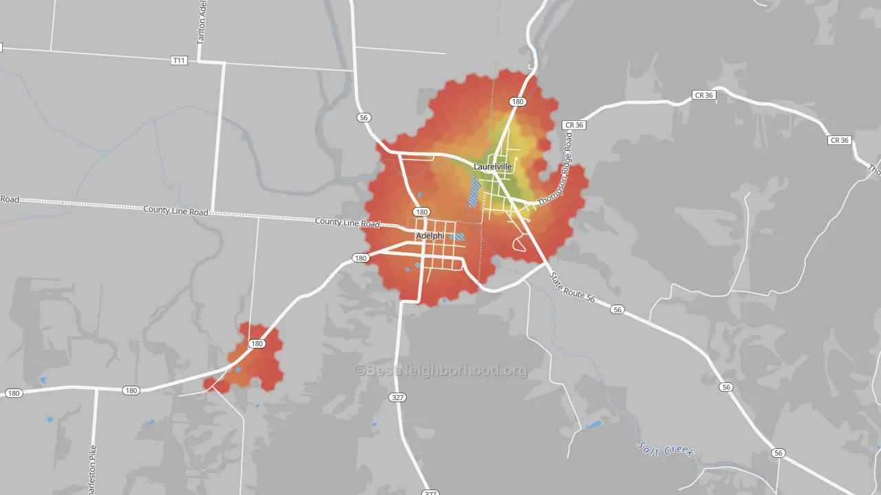 Walk Grade map of 43101, OH, walkable areas in green and car-dependent areas in red