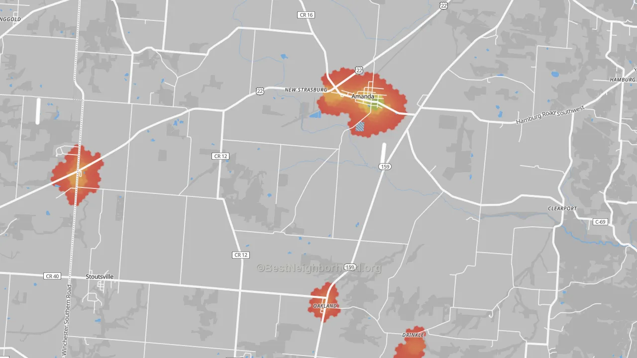 Walk Grade map of 43102, OH, walkable areas in green and car-dependent areas in red