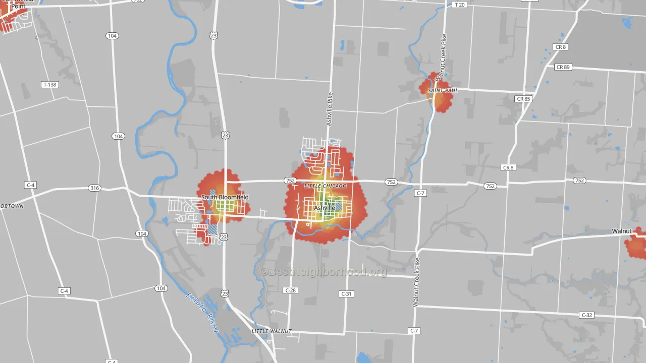 Walk Grade map of 43103, OH, walkable areas in green and car-dependent areas in red