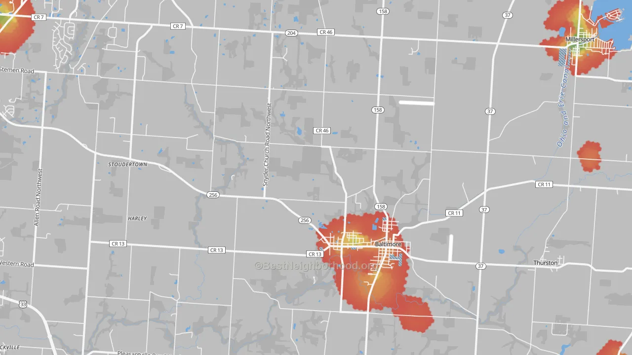 Walk Grade map of 43105, OH, walkable areas in green and car-dependent areas in red
