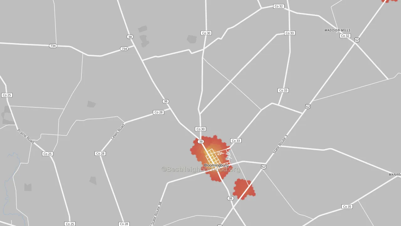Walk Grade map of 43106, OH, walkable areas in green and car-dependent areas in red