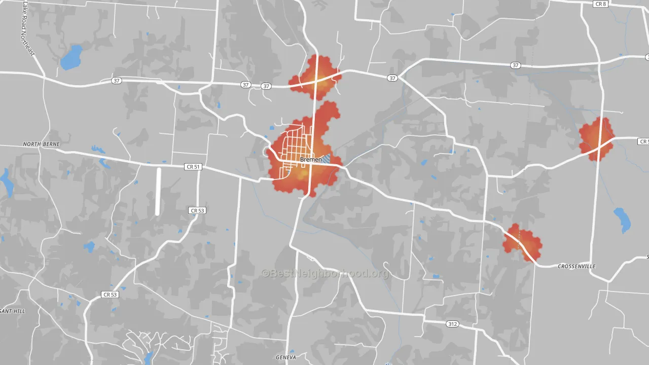 Walk Grade map of 43107, OH, walkable areas in green and car-dependent areas in red