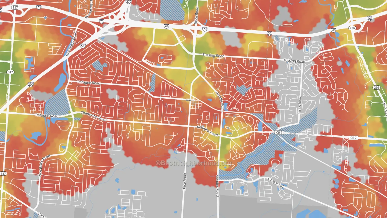 Walk Grade map of 43109, OH, walkable areas in green and car-dependent areas in red
