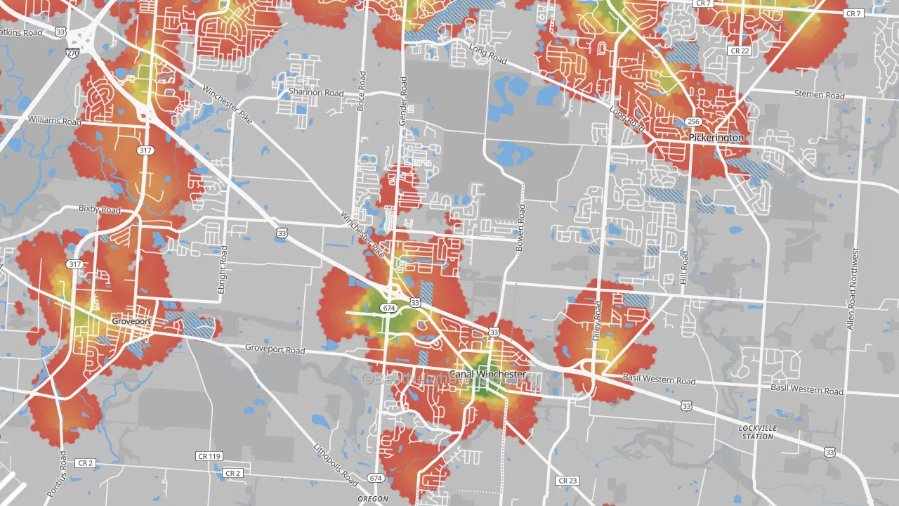 Walk Grade map of 43110, OH, walkable areas in green and car-dependent areas in red