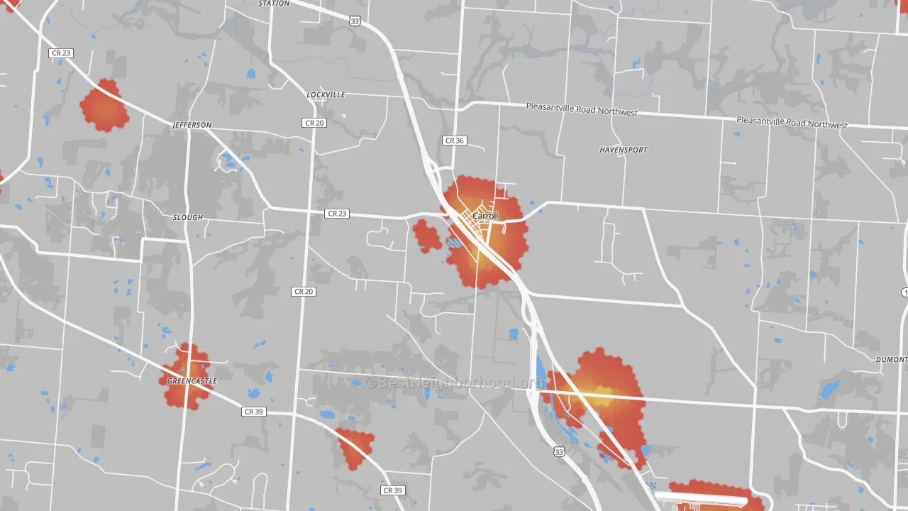 Walk Grade map of 43112, OH, walkable areas in green and car-dependent areas in red