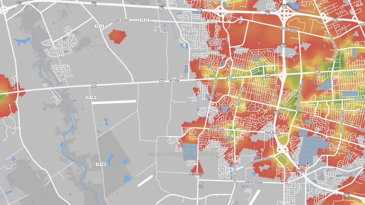 Walk Grade map of 43119, OH, walkable areas in green and car-dependent areas in red