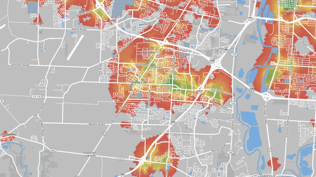 Walk Grade map of 43123, OH, walkable areas in green and car-dependent areas in red
