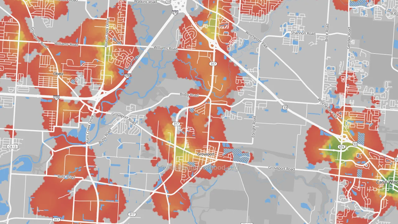 Walk Grade map of 43125, OH, walkable areas in green and car-dependent areas in red