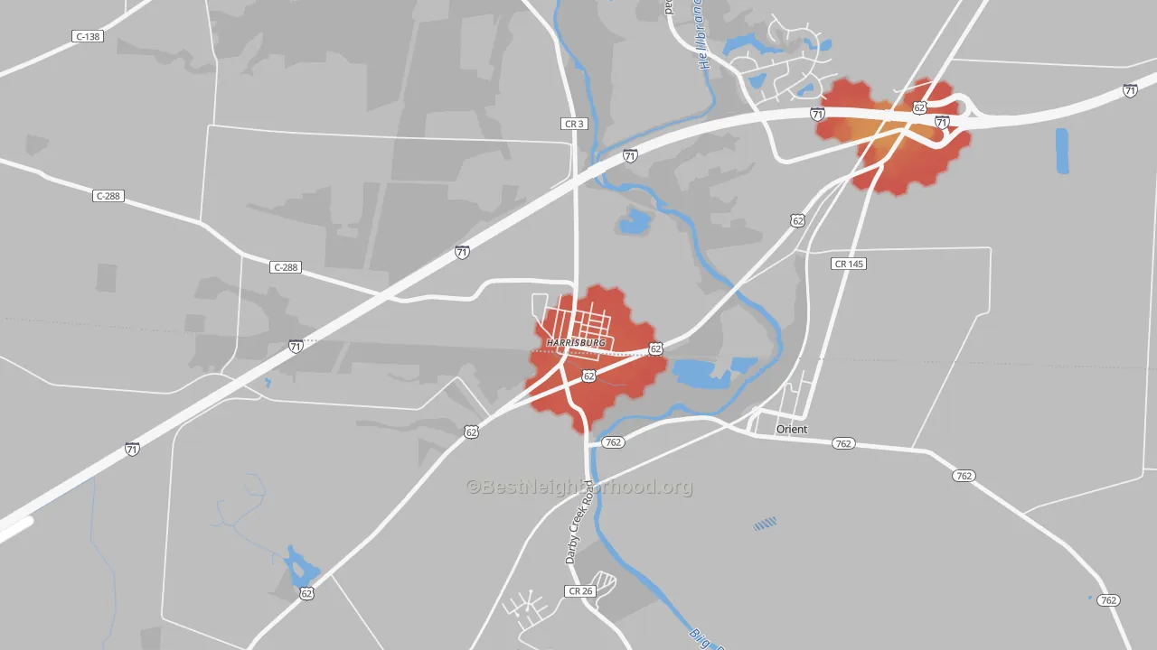 Walk Grade map of 43126, OH, walkable areas in green and car-dependent areas in red